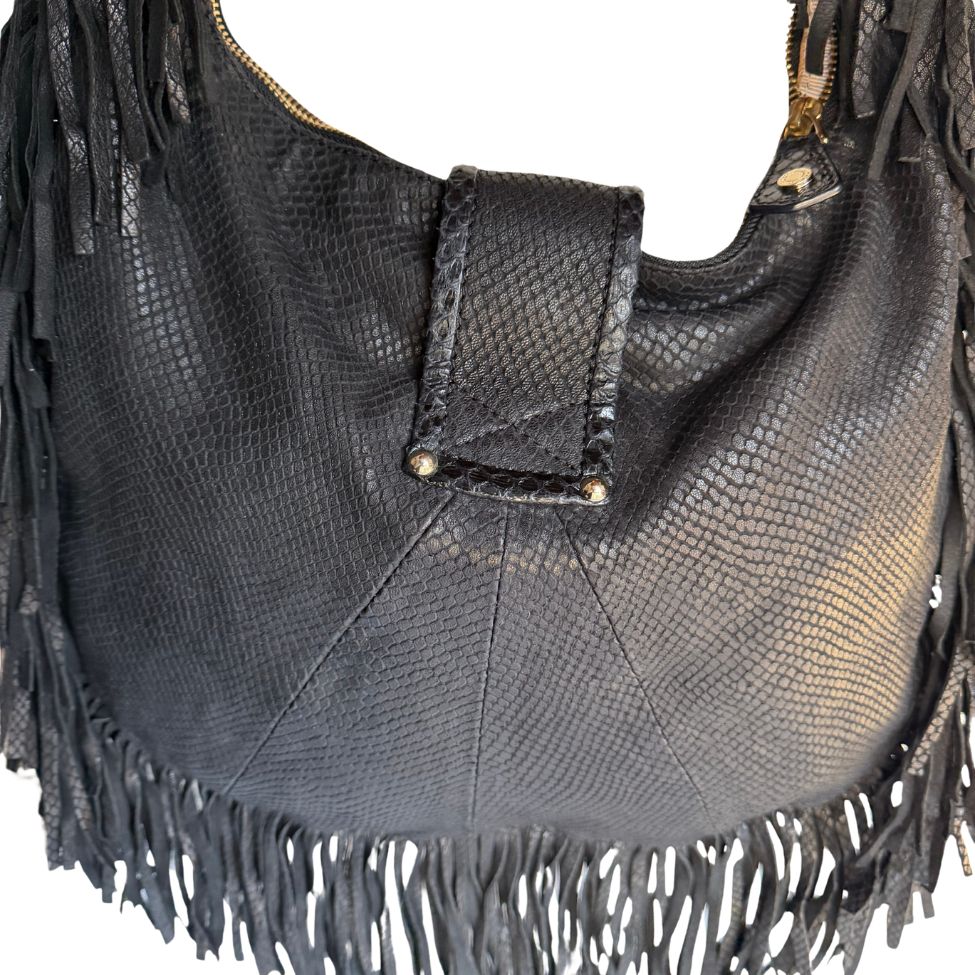 Jimmy Choo Black Snake-Embossed Fringe Hobo Bag