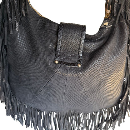 Jimmy Choo Black Snake-Embossed Fringe Hobo Bag
