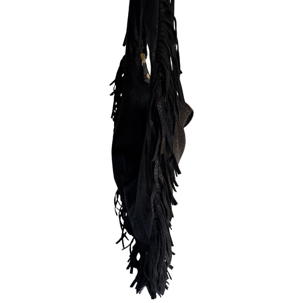 Jimmy Choo Black Snake-Embossed Fringe Hobo Bag
