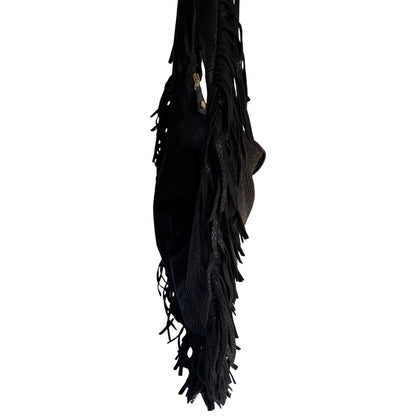 Jimmy Choo Black Snake-Embossed Fringe Hobo Bag