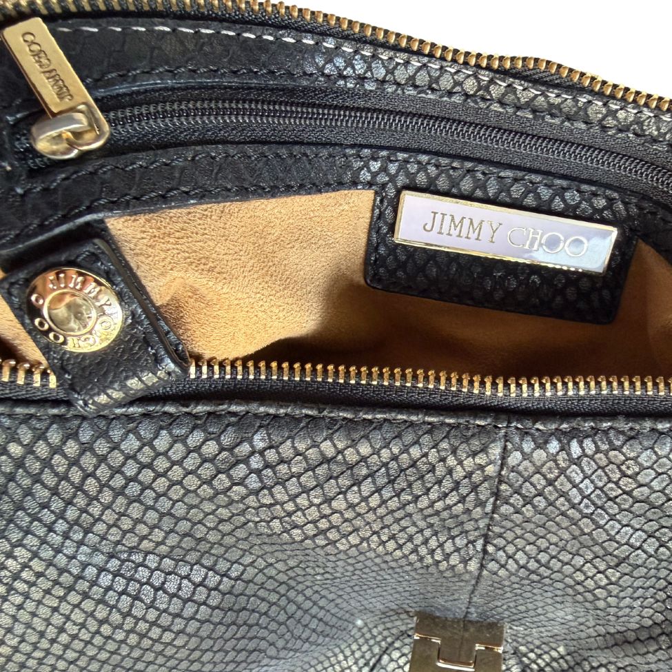 Jimmy Choo Black Snake-Embossed Fringe Hobo Bag
