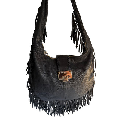 Jimmy Choo Black Snake-Embossed Fringe Hobo Bag