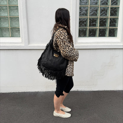 Jimmy Choo Black Snake-Embossed Fringe Hobo Bag