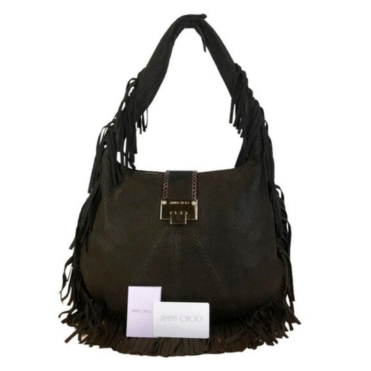 Jimmy Choo Black Snake-Embossed Fringe Hobo Bag